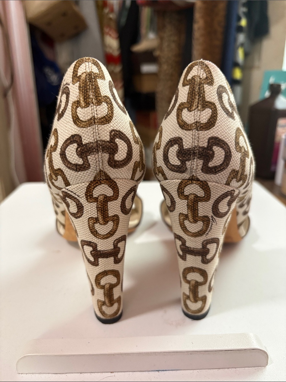 Gucci Beige Canvas and Brown Leather Bamboo-Accent Heels - Picture 2 of 11